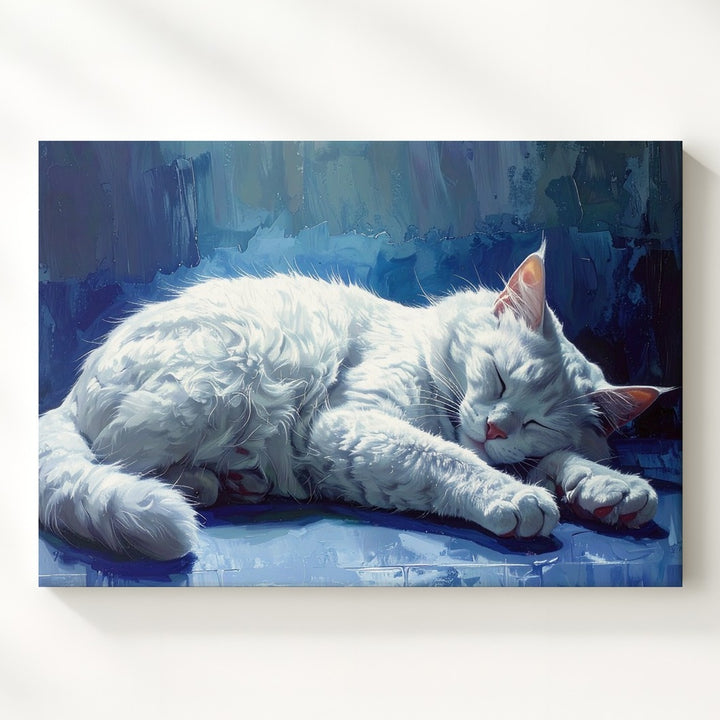Ethereal White Cat Canvas – Tranquil Floating Feline Art in Dreamy Blues - Gifitto