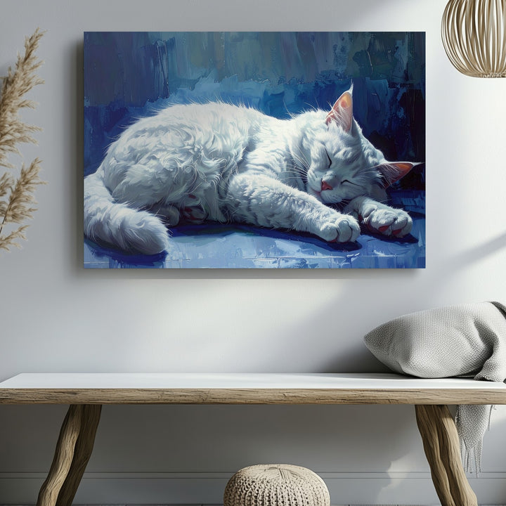 Ethereal White Cat Canvas – Tranquil Floating Feline Art in Dreamy Blues - Gifitto