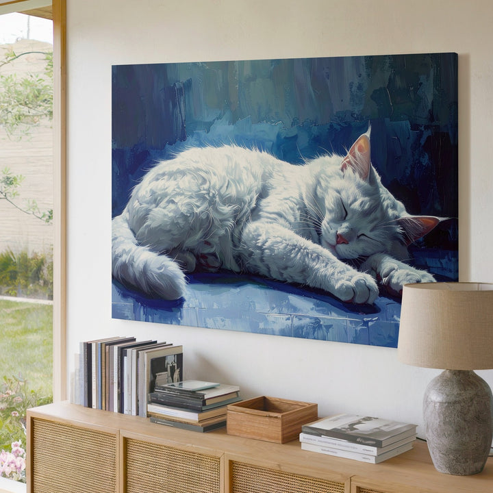 Ethereal White Cat Canvas – Tranquil Floating Feline Art in Dreamy Blues - Gifitto