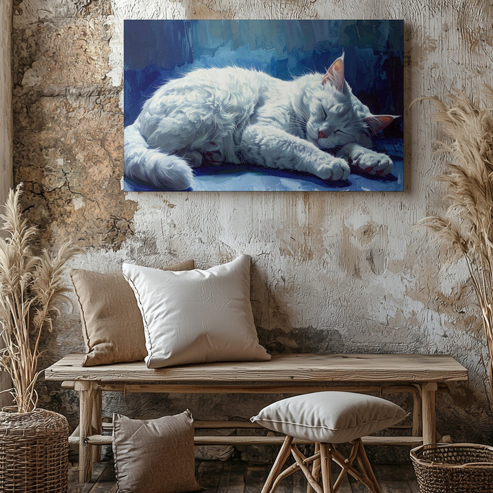 Ethereal White Cat Canvas – Tranquil Floating Feline Art in Dreamy Blues - Gifitto