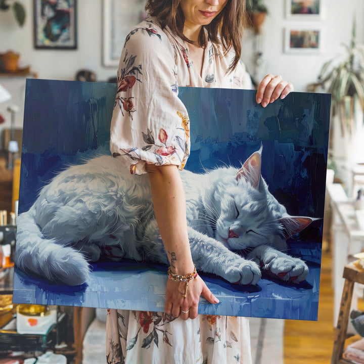 Ethereal White Cat Canvas – Tranquil Floating Feline Art in Dreamy Blues - Gifitto