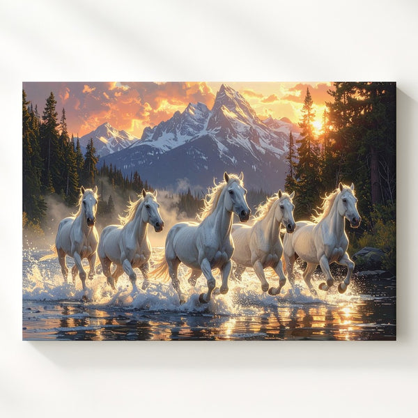 Seven White Horses Canvas – Sunrise Gallop in Majestic Wilderness - Gifitto