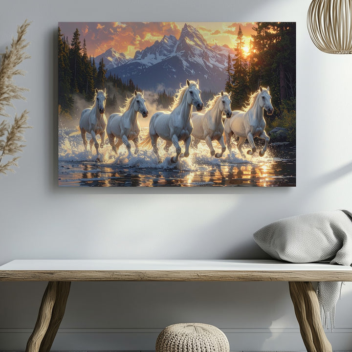 Seven White Horses Canvas – Sunrise Gallop in Majestic Wilderness - Gifitto