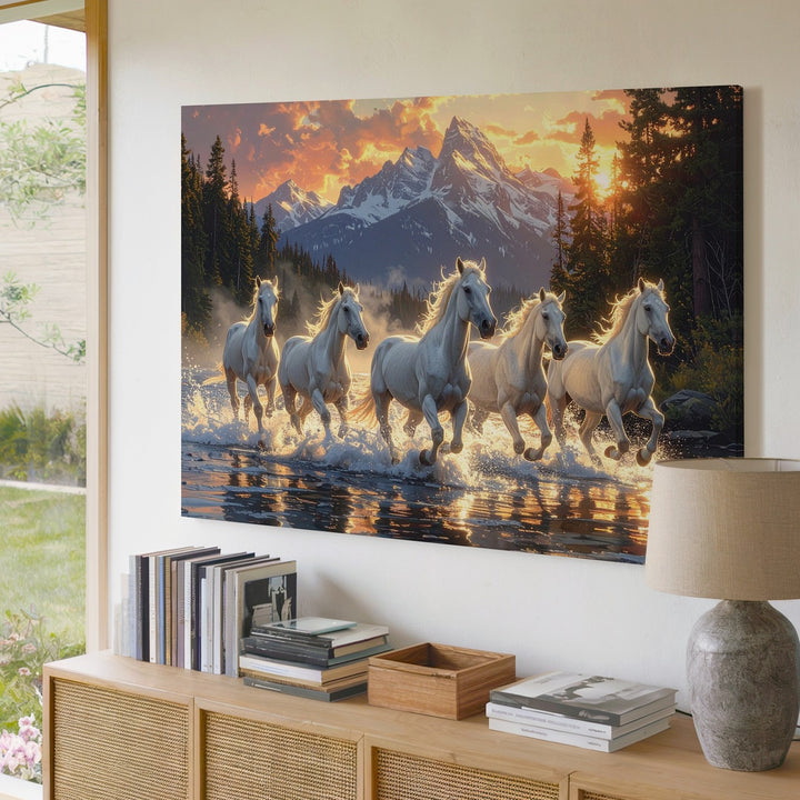Seven White Horses Canvas – Sunrise Gallop in Majestic Wilderness - Gifitto