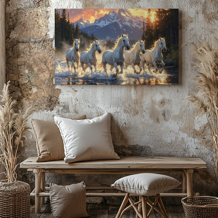 Seven White Horses Canvas – Sunrise Gallop in Majestic Wilderness - Gifitto