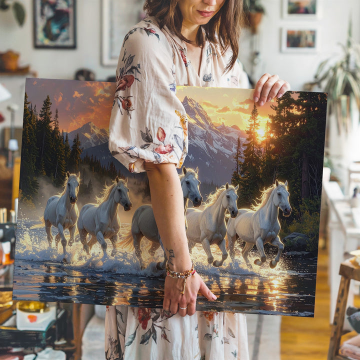 Seven White Horses Canvas – Sunrise Gallop in Majestic Wilderness - Gifitto