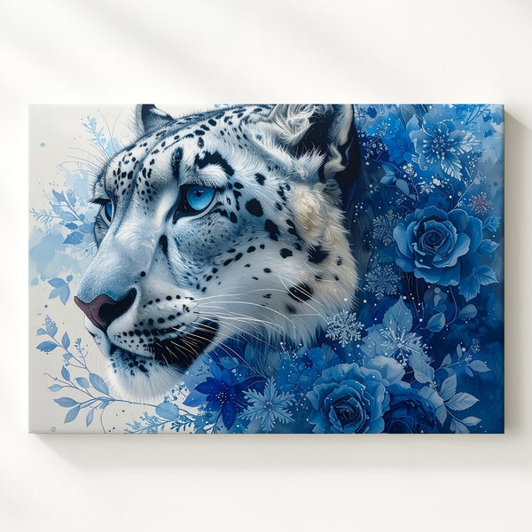 Ice Leopard Bloom Canvas – Fantasy Winter Portrait with Snowflakes & Florals - Gifitto