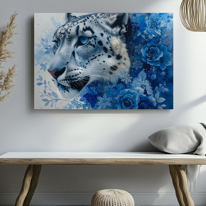 Ice Leopard Bloom Canvas – Fantasy Winter Portrait with Snowflakes & Florals - Gifitto