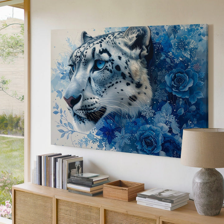 Ice Leopard Bloom Canvas – Fantasy Winter Portrait with Snowflakes & Florals - Gifitto