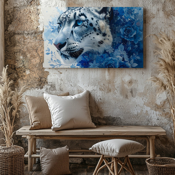 Ice Leopard Bloom Canvas – Fantasy Winter Portrait with Snowflakes & Florals - Gifitto