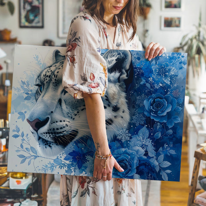 Ice Leopard Bloom Canvas – Fantasy Winter Portrait with Snowflakes & Florals - Gifitto