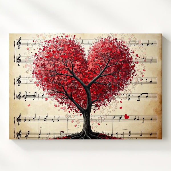 Heart Tree with Music Canvas – Romantic Red Foliage on Vintage Sheet Background - Gifitto