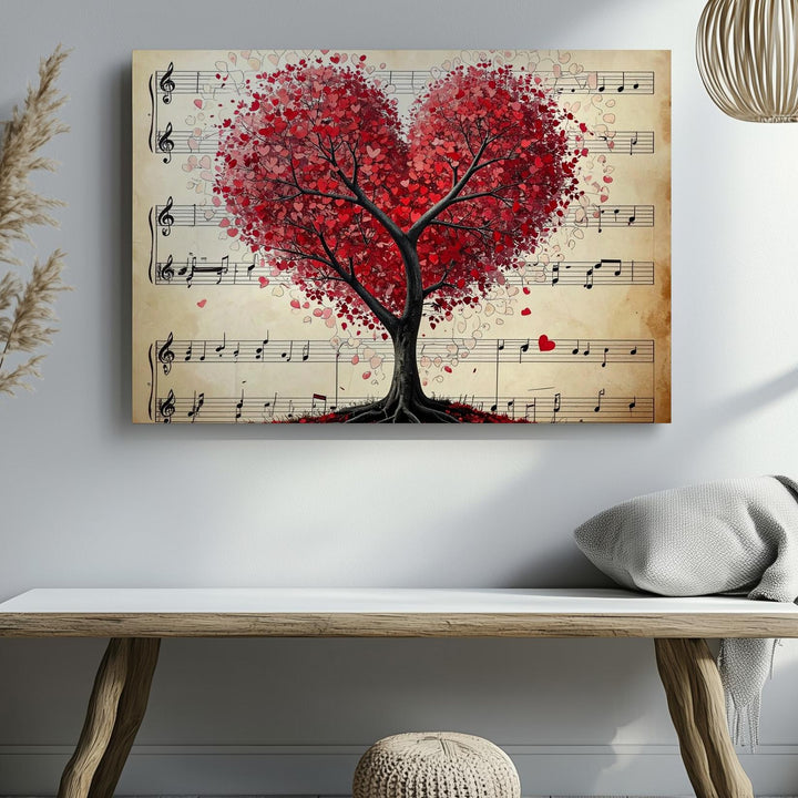 Heart Tree with Music Canvas – Romantic Red Foliage on Vintage Sheet Background - Gifitto