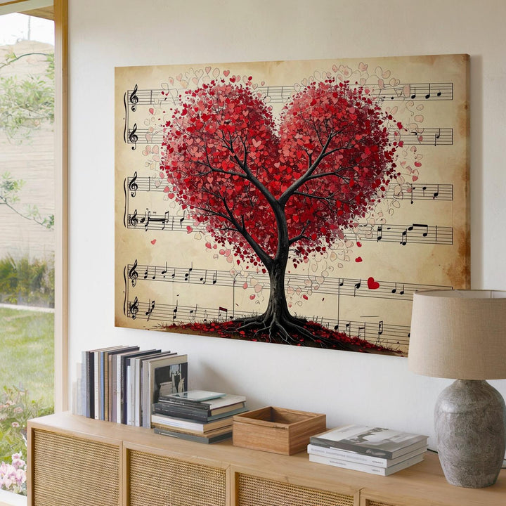 Heart Tree with Music Canvas – Romantic Red Foliage on Vintage Sheet Background - Gifitto