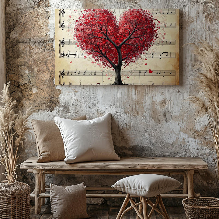 Heart Tree with Music Canvas – Romantic Red Foliage on Vintage Sheet Background - Gifitto