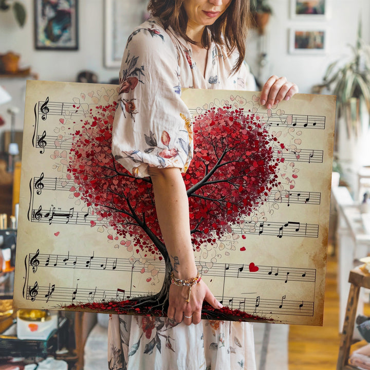 Heart Tree with Music Canvas – Romantic Red Foliage on Vintage Sheet Background - Gifitto