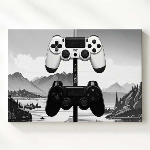 Modern Game Controller Stack Canvas – Minimalist Black & White Gaming Art - Gifitto