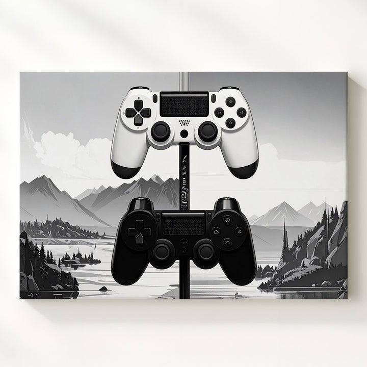 Modern Game Controller Stack Canvas – Minimalist Black & White Gaming Art - Gifitto