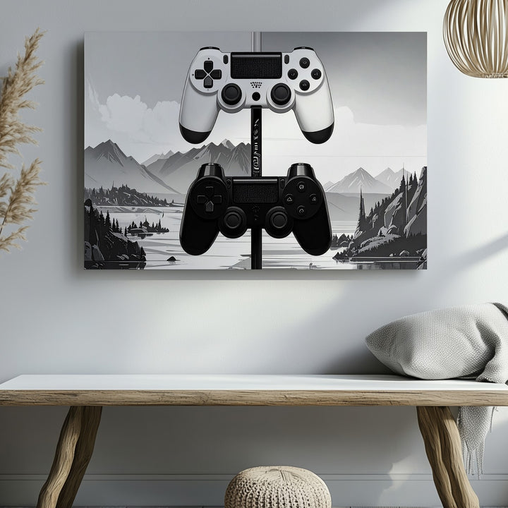 Modern Game Controller Stack Canvas – Minimalist Black & White Gaming Art - Gifitto