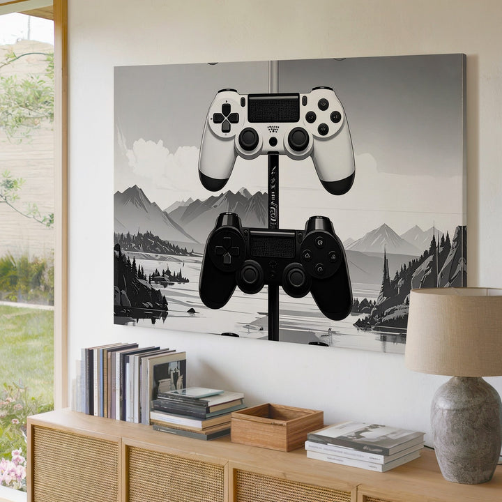 Modern Game Controller Stack Canvas – Minimalist Black & White Gaming Art - Gifitto