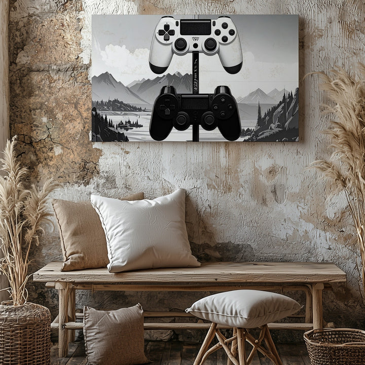 Modern Game Controller Stack Canvas – Minimalist Black & White Gaming Art - Gifitto