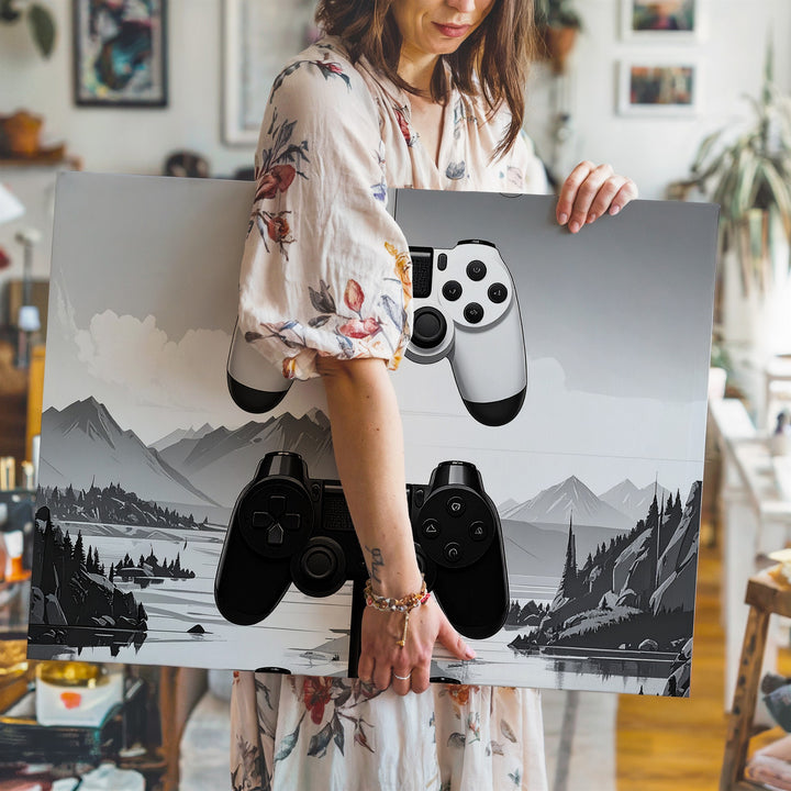Modern Game Controller Stack Canvas – Minimalist Black & White Gaming Art - Gifitto