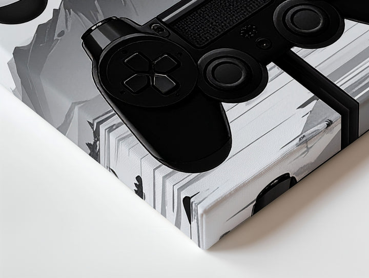 Modern Game Controller Stack Canvas – Minimalist Black & White Gaming Art - Gifitto