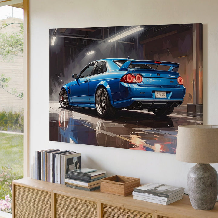 Blue Nissan Skyline GT-R R34 Canvas – Iconic JDM Legend in Digital Art Style - Gifitto
