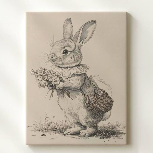 Spring Rabbit Sketch Canvas – Playful Bunny with Basket of Flowers - Gifitto