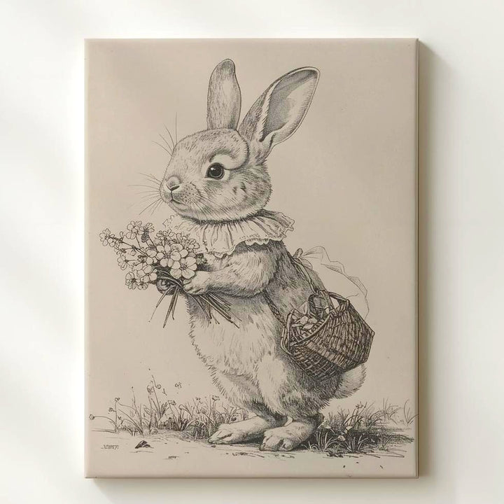 Spring Rabbit Sketch Canvas – Playful Bunny with Basket of Flowers - Gifitto
