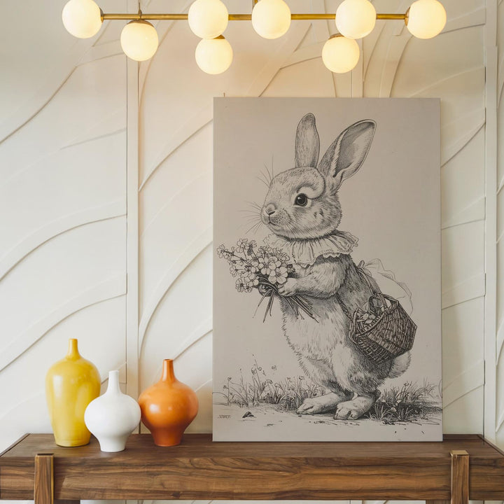 Spring Rabbit Sketch Canvas – Playful Bunny with Basket of Flowers - Gifitto