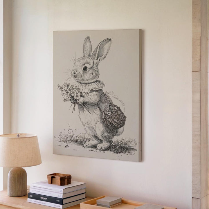Spring Rabbit Sketch Canvas – Playful Bunny with Basket of Flowers - Gifitto