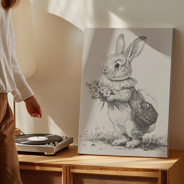Spring Rabbit Sketch Canvas – Playful Bunny with Basket of Flowers - Gifitto