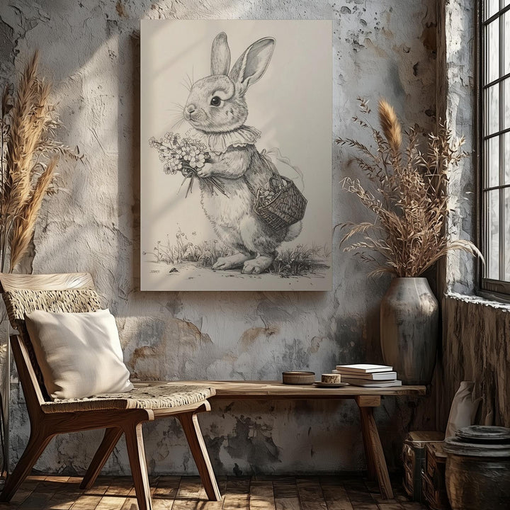 Spring Rabbit Sketch Canvas – Playful Bunny with Basket of Flowers - Gifitto