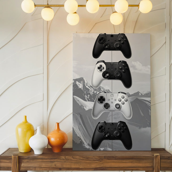 Monochrome Xbox Controllers Canvas – Minimalist Vertical Gaming Study - Gifitto