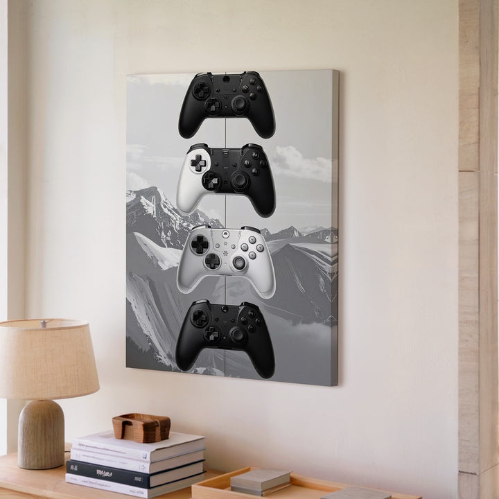 Monochrome Xbox Controllers Canvas – Minimalist Vertical Gaming Study - Gifitto