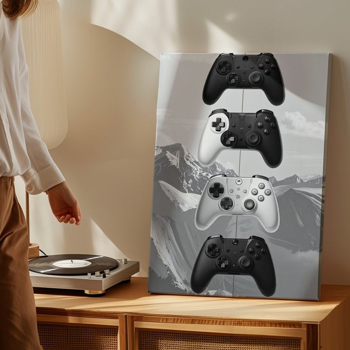 Monochrome Xbox Controllers Canvas – Minimalist Vertical Gaming Study - Gifitto