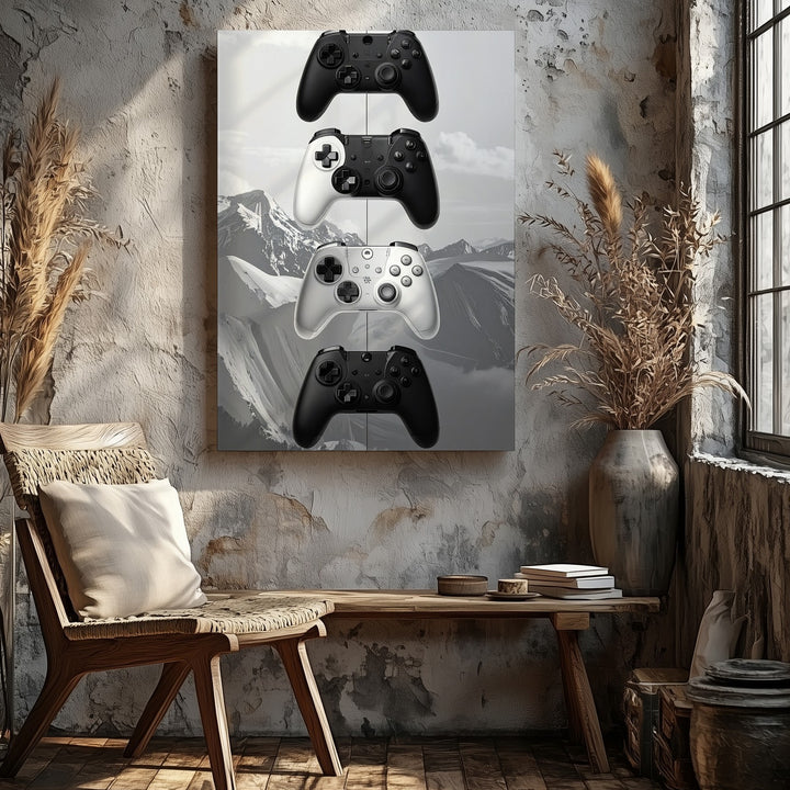 Monochrome Xbox Controllers Canvas – Minimalist Vertical Gaming Study - Gifitto