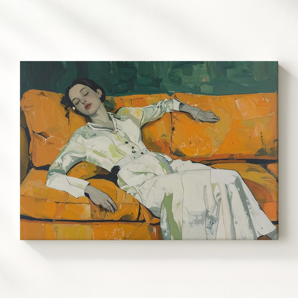 Restful Retreat Canvas – Figurative Art of a Person Reclining on an Orange Couch - Gifitto