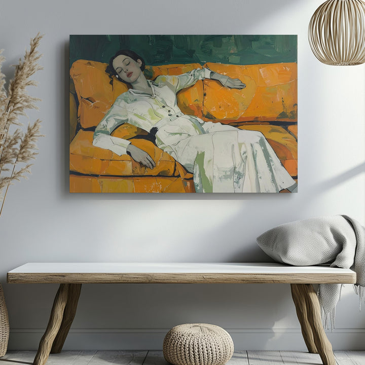 Restful Retreat Canvas – Figurative Art of a Person Reclining on an Orange Couch - Gifitto