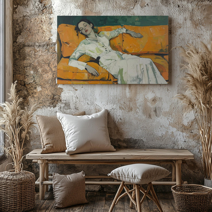 Restful Retreat Canvas – Figurative Art of a Person Reclining on an Orange Couch - Gifitto