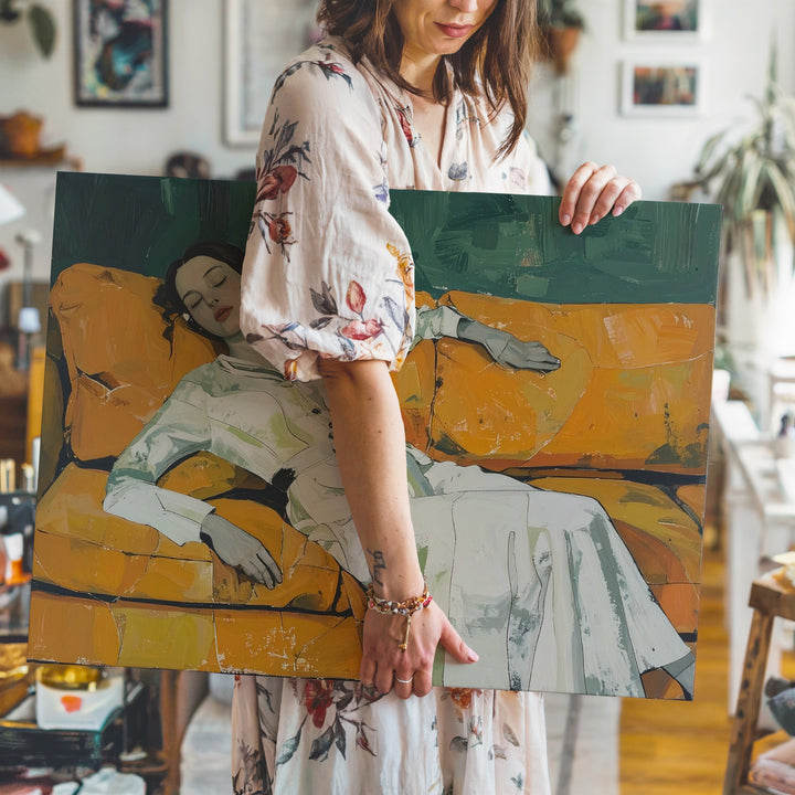 Restful Retreat Canvas – Figurative Art of a Person Reclining on an Orange Couch - Gifitto