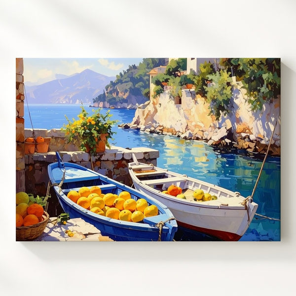 Mediterranean Harbor Harvest Canvas – Vibrant Coastal Fruit & Boats Painting - Gifitto