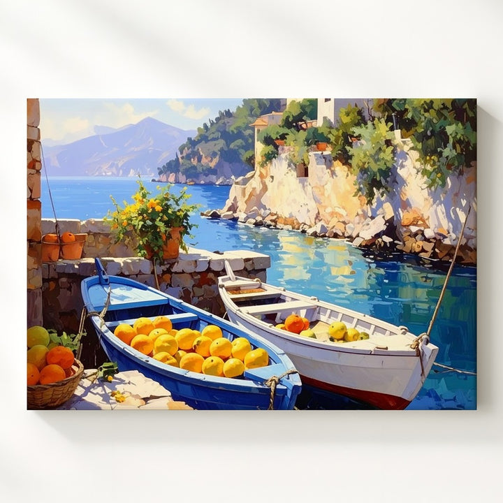 Mediterranean Harbor Harvest Canvas – Vibrant Coastal Fruit & Boats Painting - Gifitto