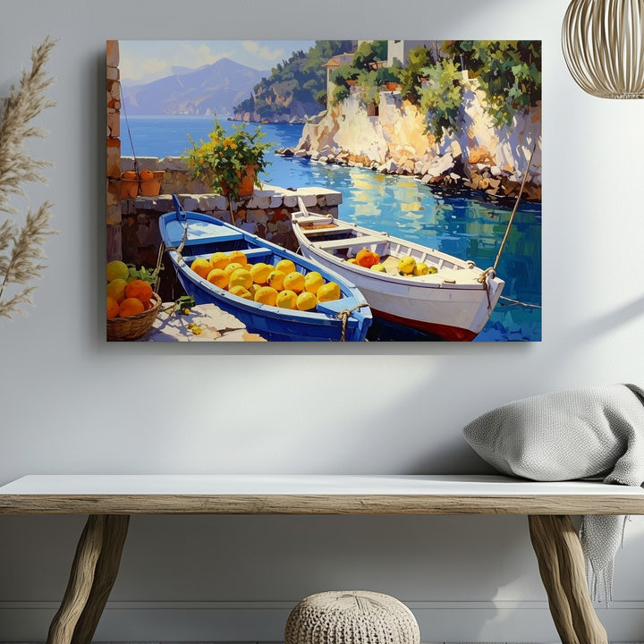 Mediterranean Harbor Harvest Canvas – Vibrant Coastal Fruit & Boats Painting - Gifitto