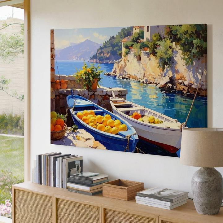 Mediterranean Harbor Harvest Canvas – Vibrant Coastal Fruit & Boats Painting - Gifitto