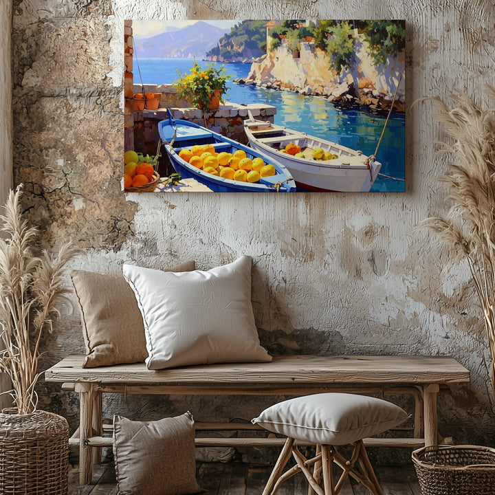 Mediterranean Harbor Harvest Canvas – Vibrant Coastal Fruit & Boats Painting - Gifitto