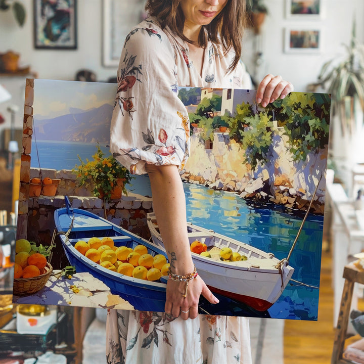 Mediterranean Harbor Harvest Canvas – Vibrant Coastal Fruit & Boats Painting - Gifitto
