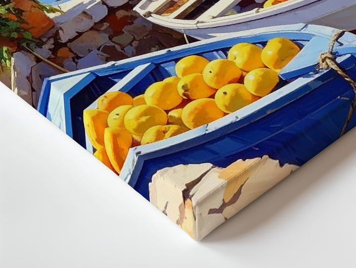 Mediterranean Harbor Harvest Canvas – Vibrant Coastal Fruit & Boats Painting - Gifitto