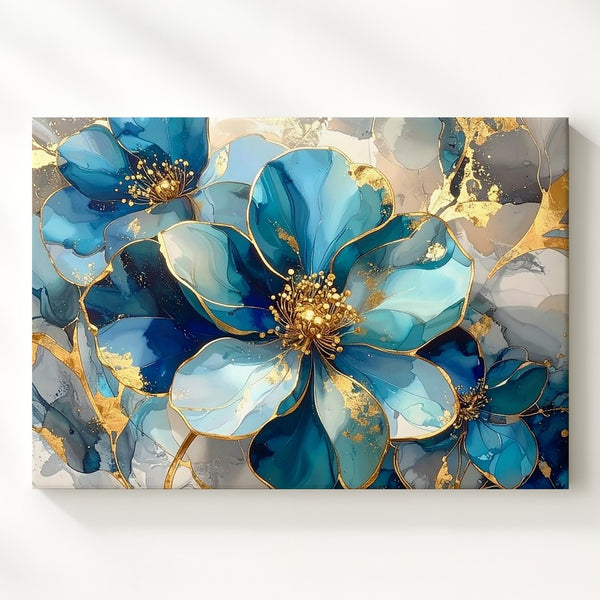 Blue & Gold Bloom Canvas – Luxurious Floral Art with Marble Texture - Gifitto